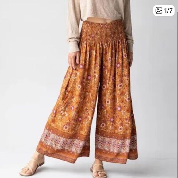 NATURAL LIFE Pants - Natural Life Make A Move Palazzo Wide Leg Pants Camel Brown Purple Floral
